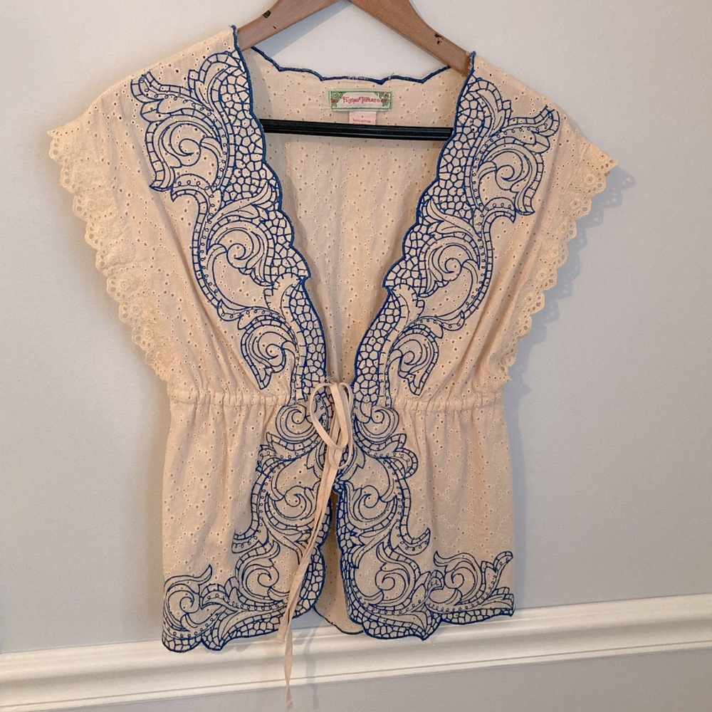 Flying Tomato Embroidered Lace Tie-Front Blouse